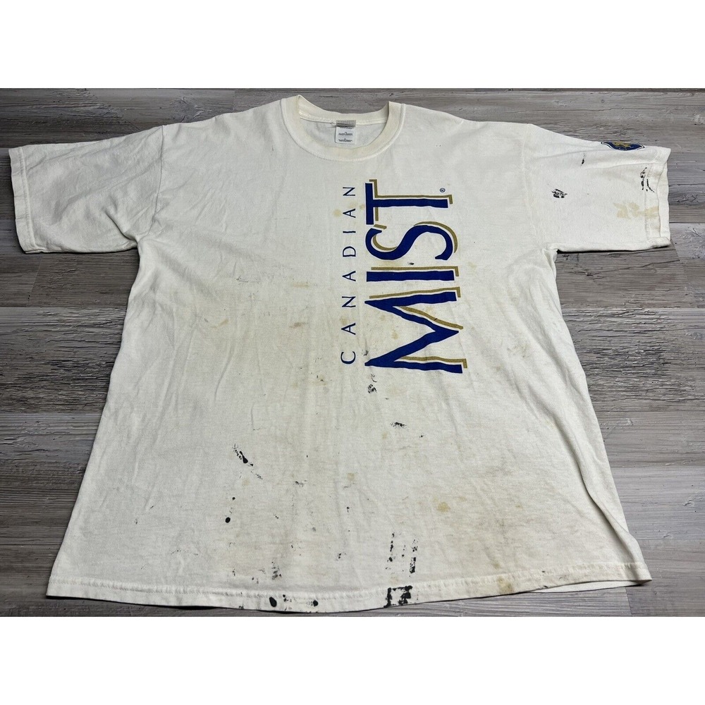 Vintage Canadian Mist T-Shirt Paint Splatter Spell Out Size XL‎ Logo Stain